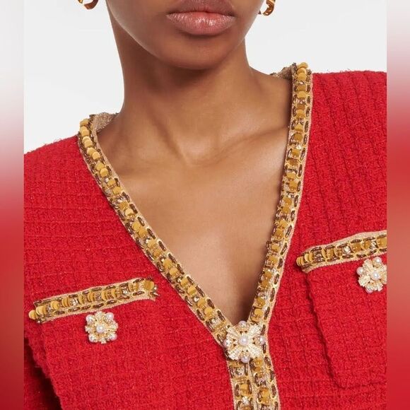 NWOT SELF-PORTRAIT BEAD-EMBELLISHED WAFFLE-KNIT V NECK TWEED CARDIGAN - RED - Picture 4 of 14